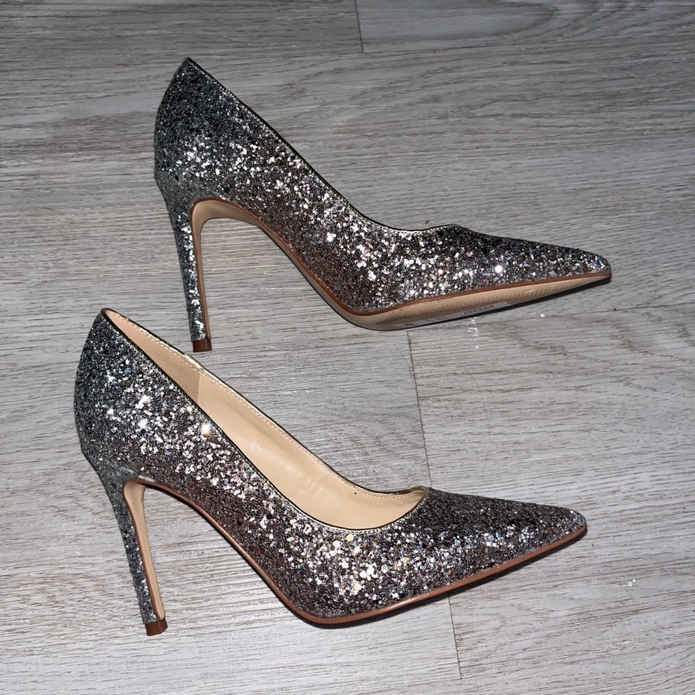 Marc Fisher Silver Glitter Synthetic Pointed Toe Slip On Stiletto Pumps 5.5M